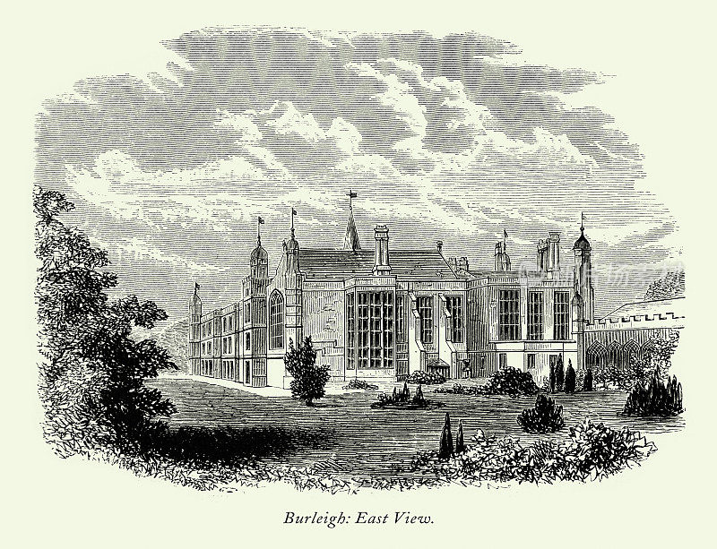 年份，英国维多利亚版画，Burleigh Hall, East View，莱斯特郡，英格兰，1875年